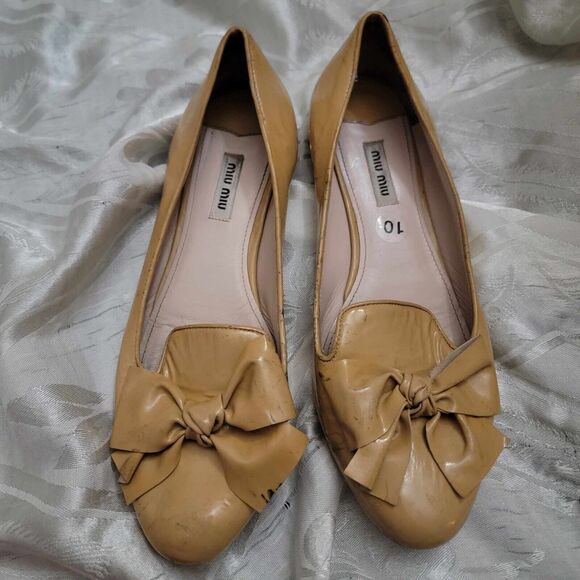 MIU MIU BALLET SOFT LEATHER BALLERINA STYLE FLATS BOW RHINSTONE HEEL ACCENT 10 - Picture 3 of 6